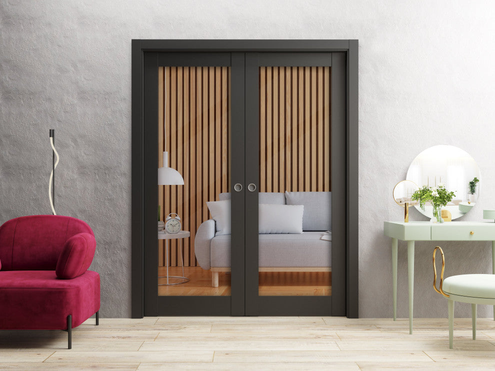 Sliding Double Pocket Door Clear Glass|Lucia 2166 Black Sturdy Doors 60x80