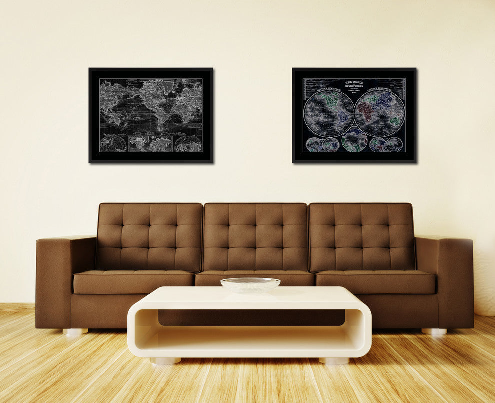 World Ocean Currents Monochrome Map Print On Canvas With Black Frame, 16" X 21"