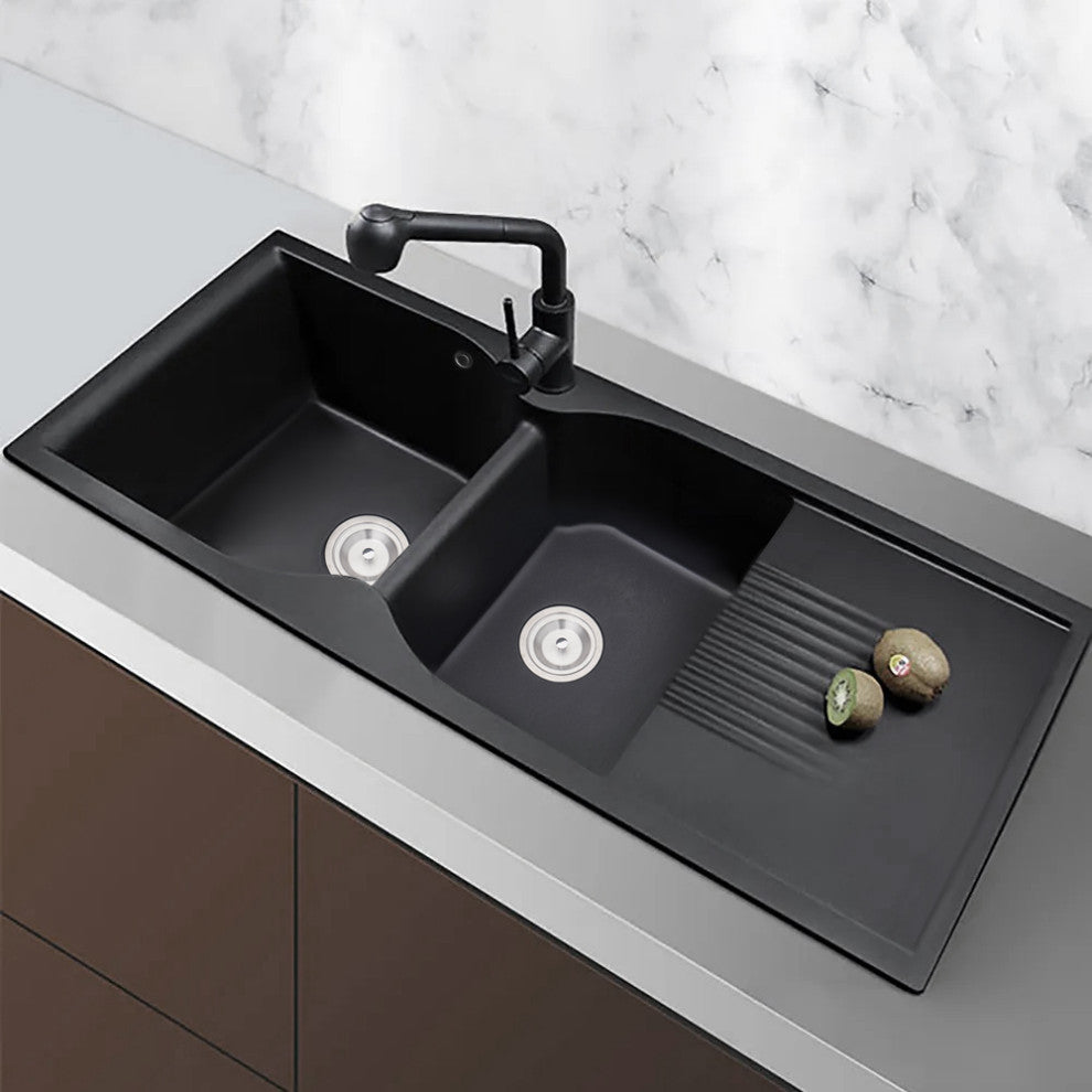45" Black Quartz Kitchen Sink Double Bowl Drop-In Sink with Drain Board