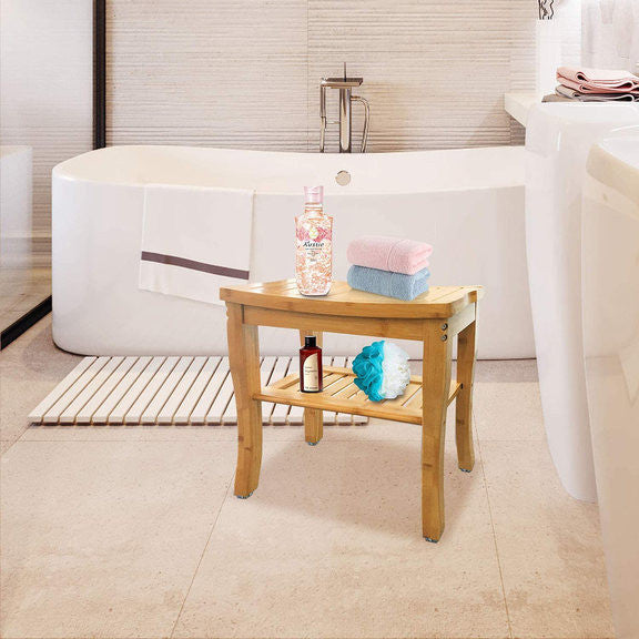 Bamboo Shower Bathroom Bench With Shelf 18"