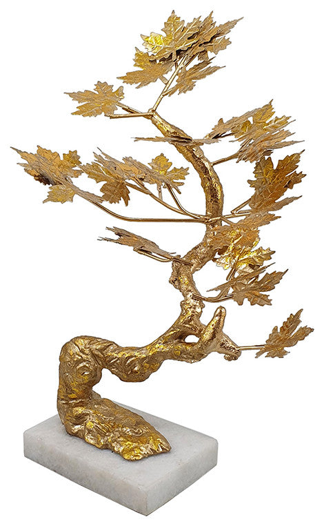 Benzara BM285580 17" Maple Tree Accent Decor With Leaves, Marble Base, Gold