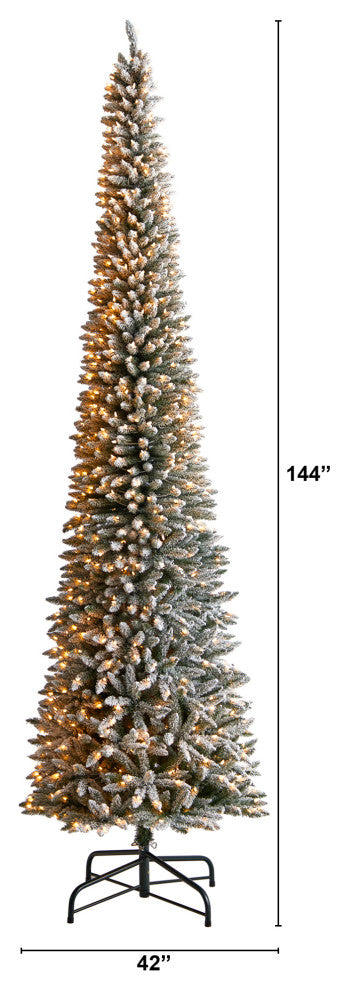 12' Flocked Pencil Artificial Christmas Tree 1000 Clear Lights & 1819 Branches