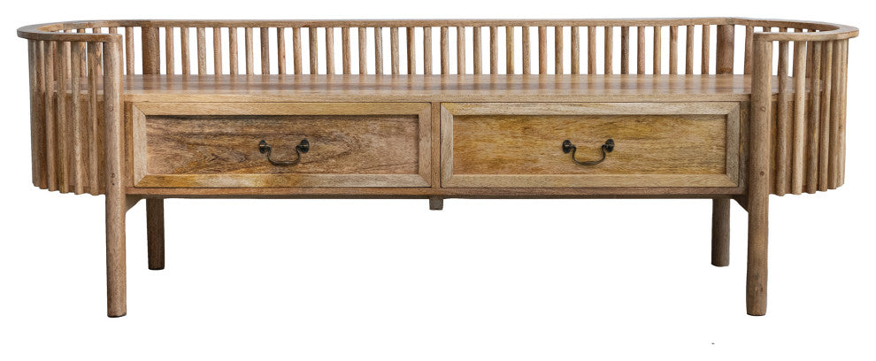 Mango Wood Slatted Bench With 2 Drawers and Metal Pulls, Natural and Brass