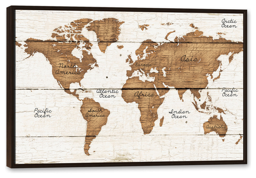 Distressed Wood World Map Walnut Floating Framed Canvas, 32"x48"