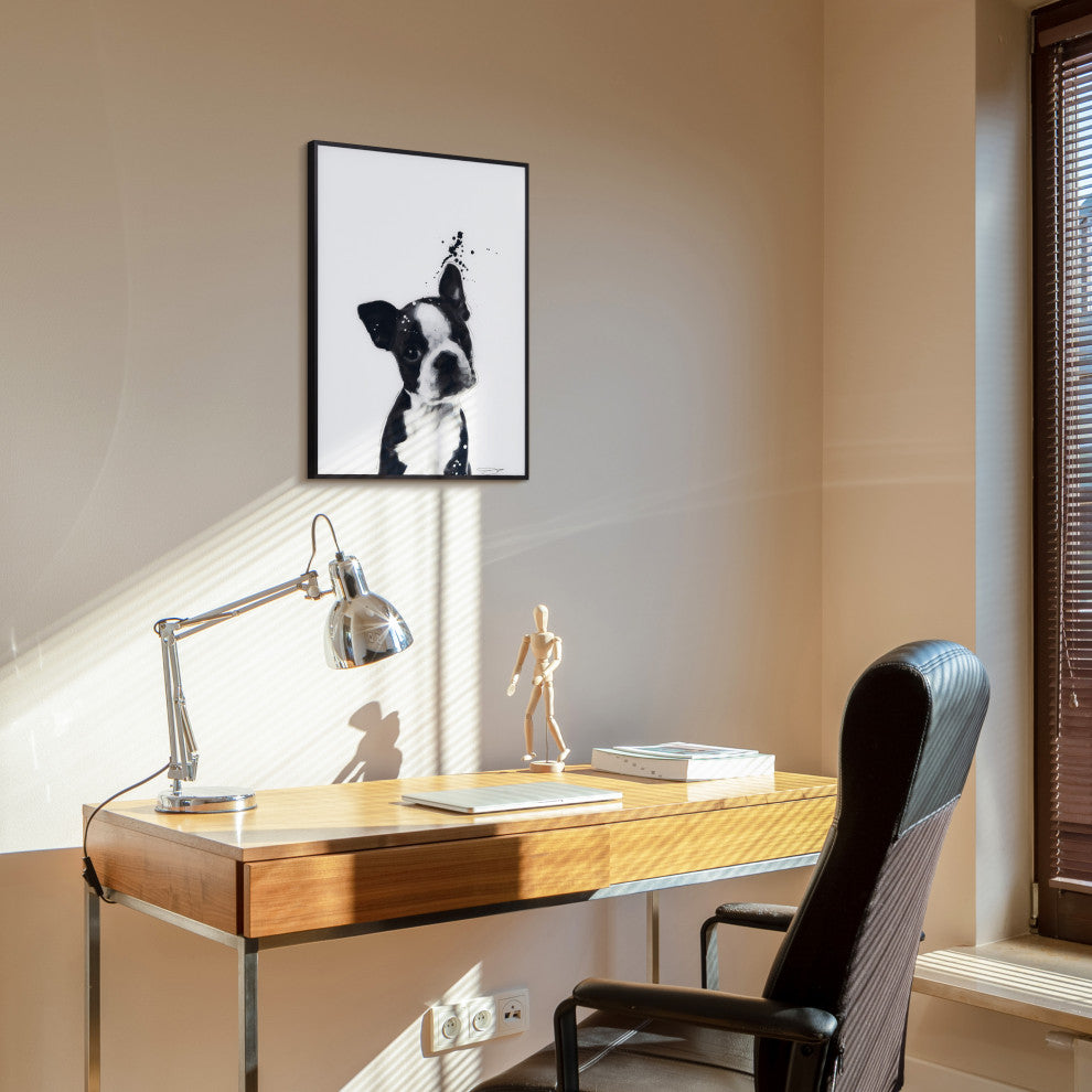 "Boston Terrier" Black and White Pet Art on Printed Glass with Anodized Frame