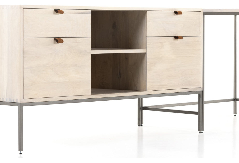 Trey Desk System With Filing Credenza Dove Poplar, Natural Iron, Toffee Leather