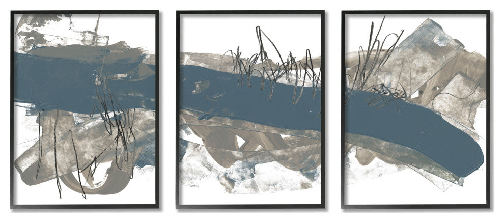 Abstract Line Painting Bold Blue Busy Grey Movement,3pc, each 24 x 30