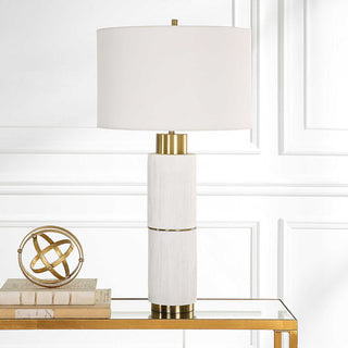 Textured White Faux Wood Column Table Lamp Cylinder Brass Gold MidCentury Modern