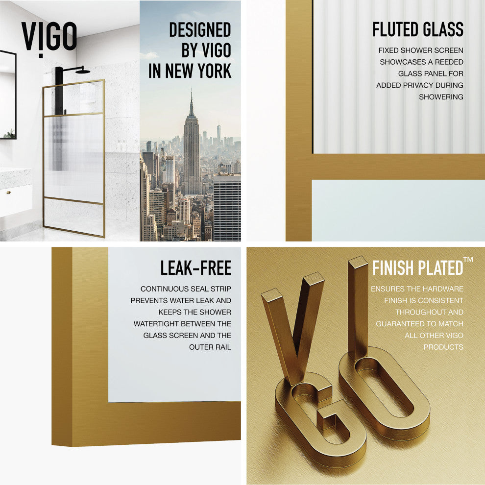 VIGO Essex 34" W x 74" H Framed Fixed Shower Screen with Fluted Glass, Matte Brushed Gold