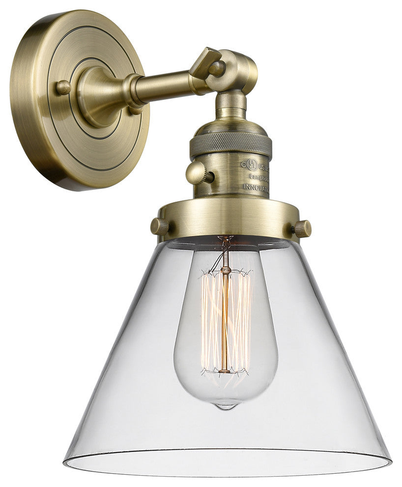 Large Cone 1-Light LED Sconce, Antique Brass, Glass: Clear