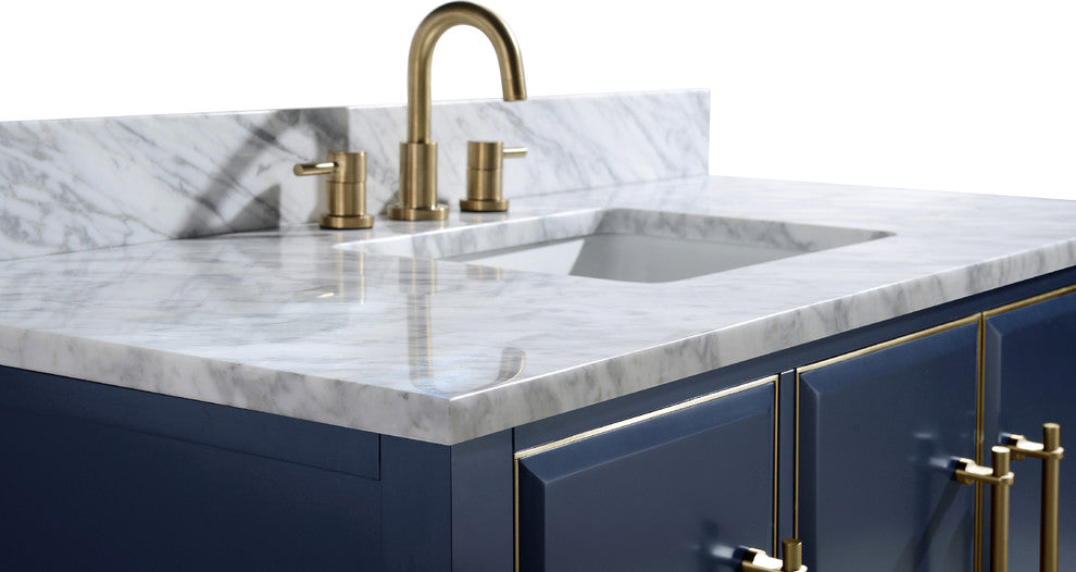 Mason 49" Vanity Combo, Navy Blue, Matte Gold Hardware / Natural 1" Carrara White Marble Countertop and Backsplash