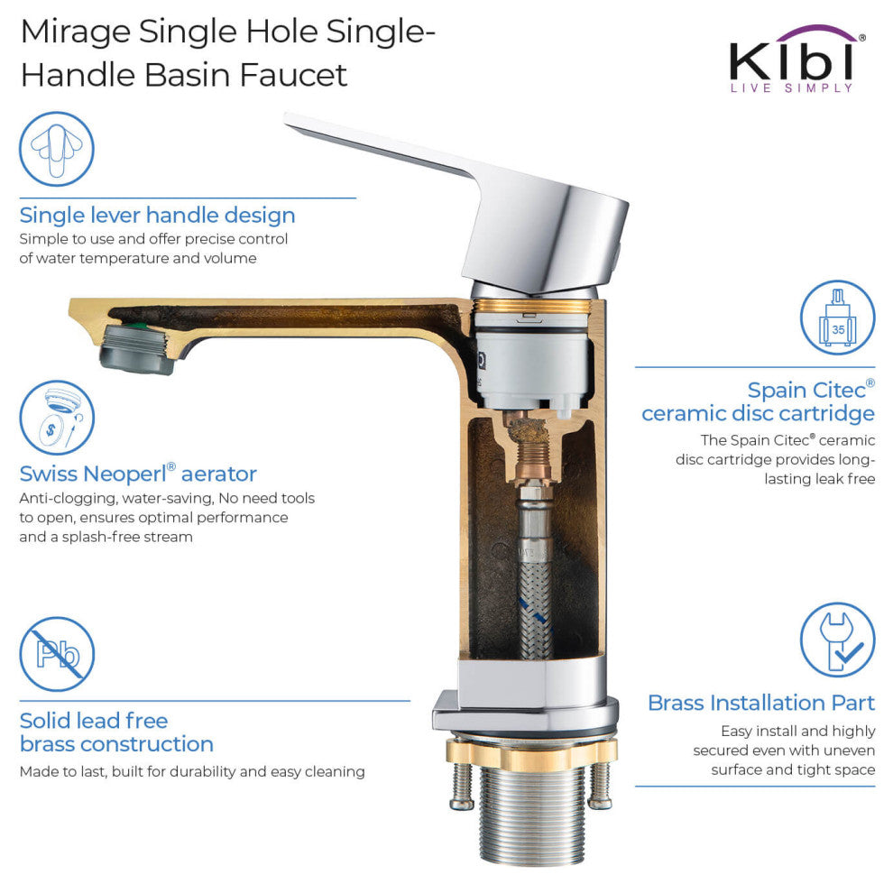 KIBI Mirage Single Handle Bathroom Faucet, Chrome, With Drain