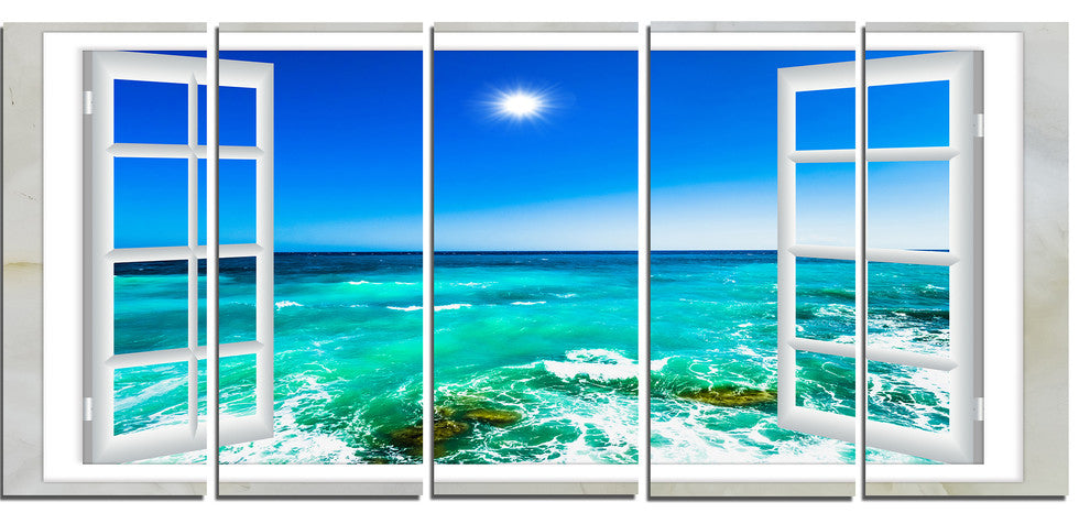 "Open Window To Wavy Ocean" Seashore Canvas Art, 5 Panels, 60"x28"