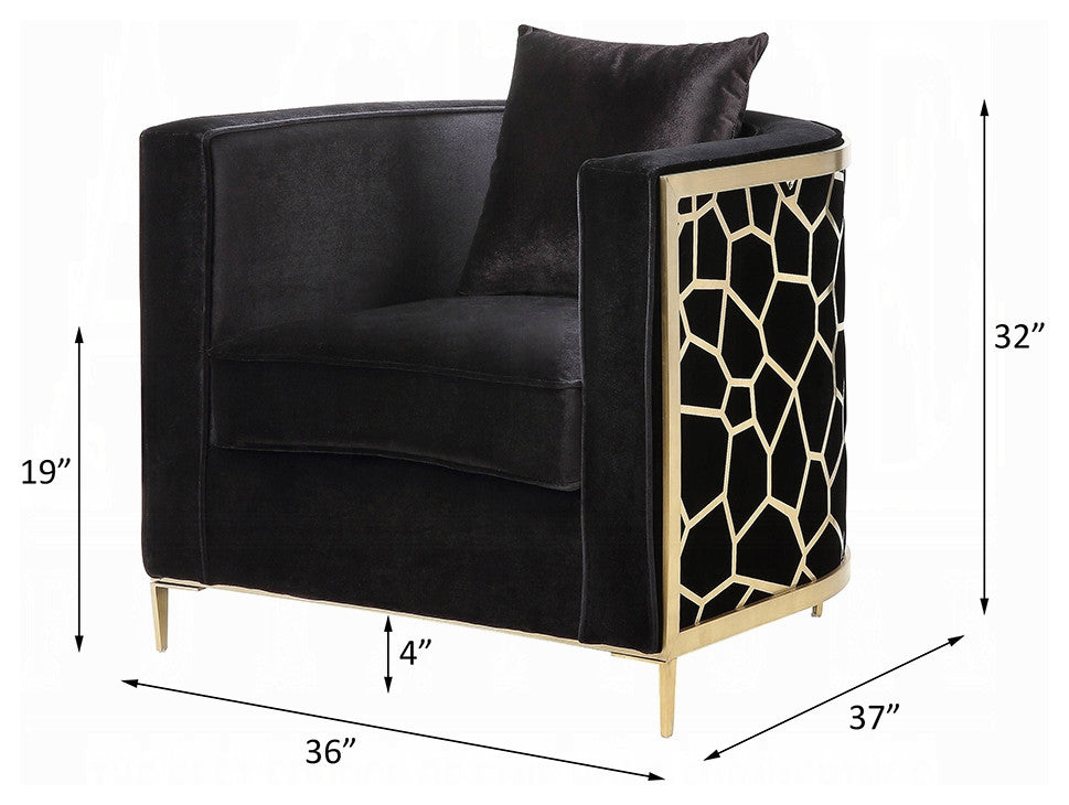 Fergal Chair With Pillow, Black Velvet and Gold Finish