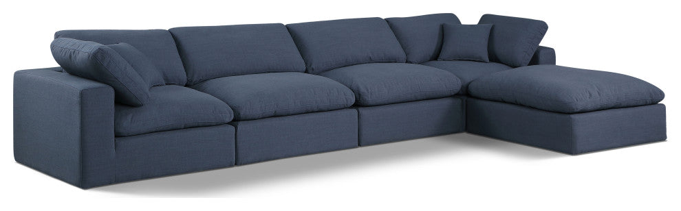 Comfy Upholstered L-Shaped Modular Sectional, Navy, 5-Piece: 2 Armless Chair, 2 Corner Chair, 1 Ottoman, Linen Textured Fabric