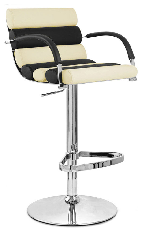 Modern Ego Bar Stool Black/Cream Leatherette Polished Chrome Adjustable Base