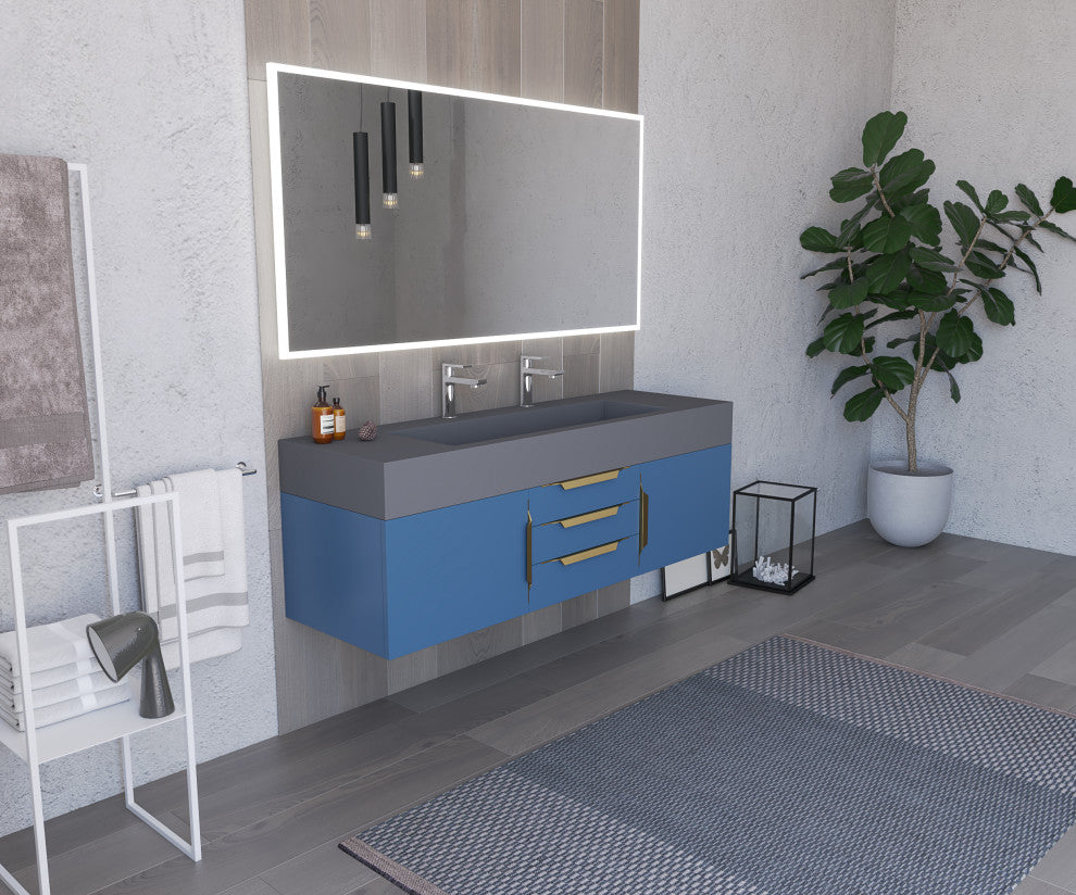 CastelloUSA Nile 60" Wall Mounted Vanity Set, Blue, Gray Top, Gold Handles