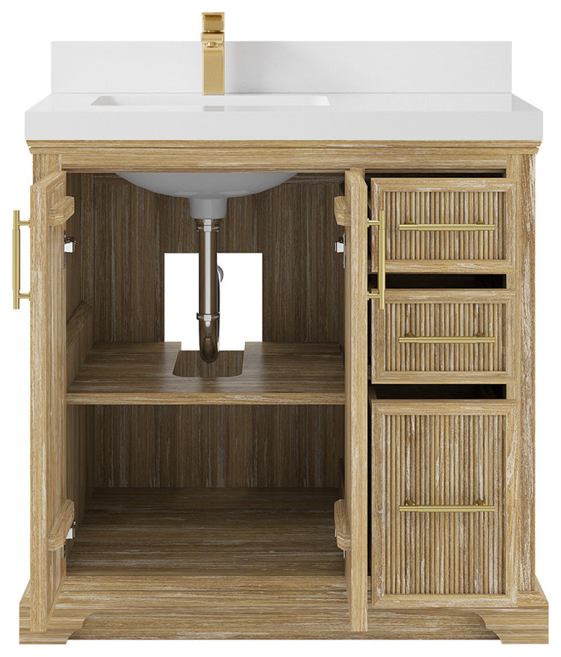 Alys Teak 36 Bathroom Vanity Left Offset Sink Whitewashed 2" White Quartz