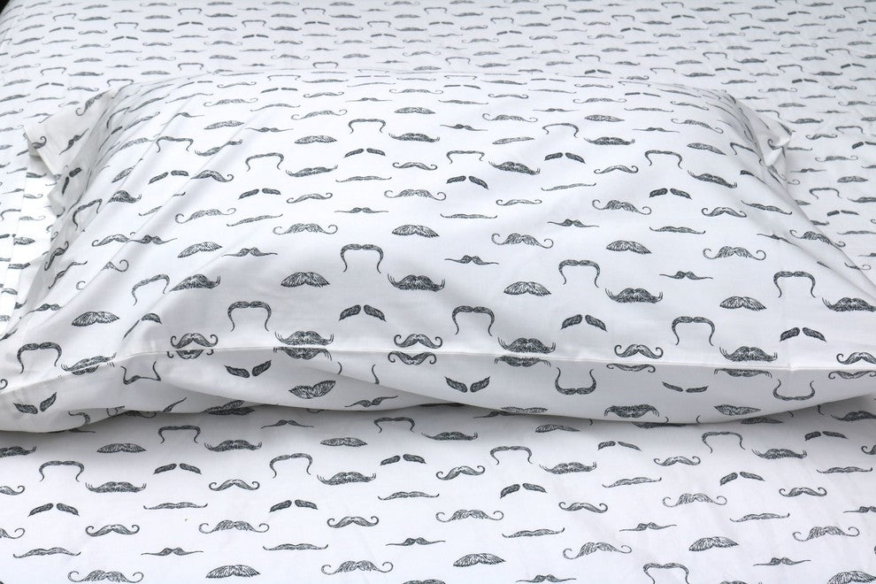 Slate Gray Mustaches Printed Sheet Set, 100% Cotton Matte Sateen