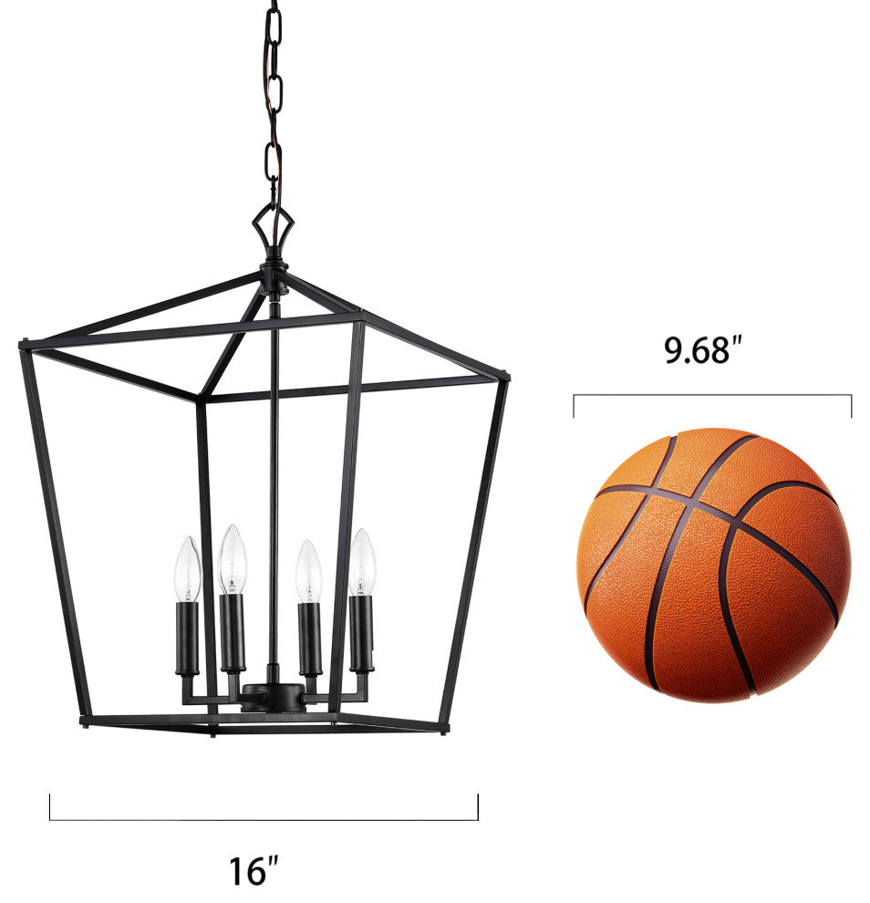 4-Light Matte Black Lantern Pendant Chandelier 16in With Nickle or Black Sleeve