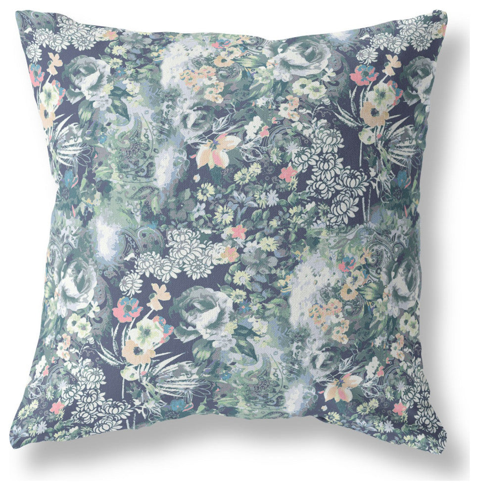 18" Gray Indigo Springtime Indoor Outdoor Throw Pillow
