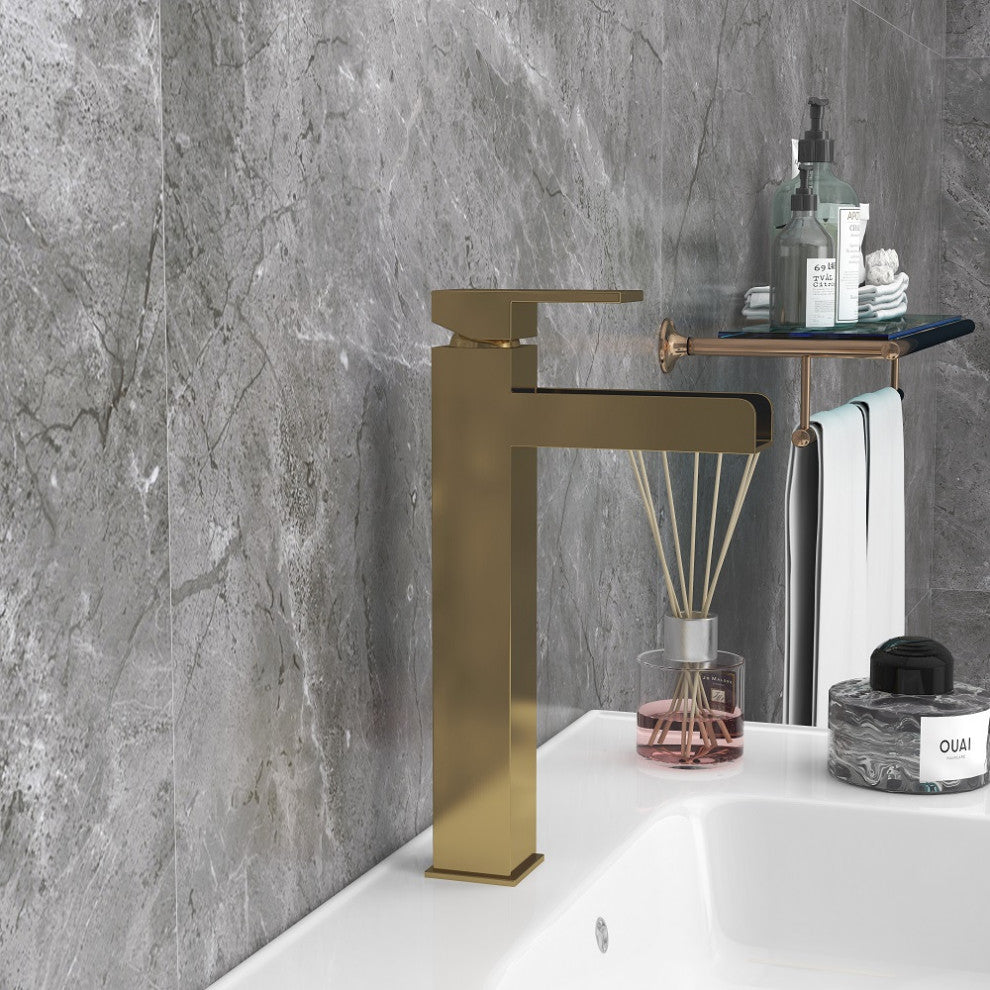Contemporary Single Handle Waterfall Spout Bathroom Vessel Sink Faucet, Brushed Gold