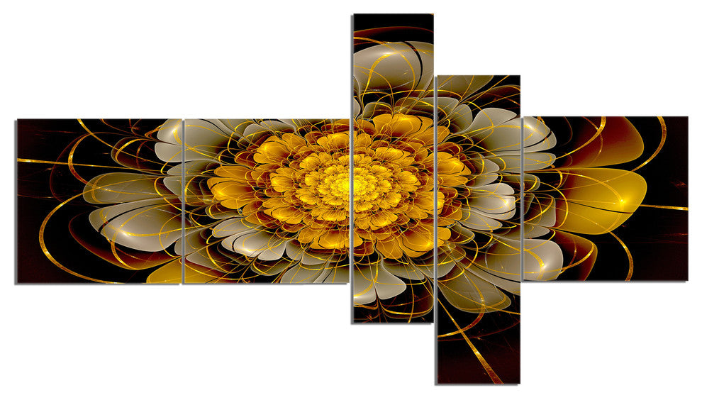 Dark Gold Fractal Flower, Abstract Print On Canvas, 60"x32", 5 panels