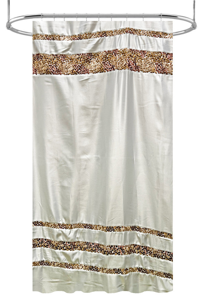 Spa Tile White Soft Fabric Shower Curtain With Multicolor Embroidered Tile Bands, Brown, 72x96"