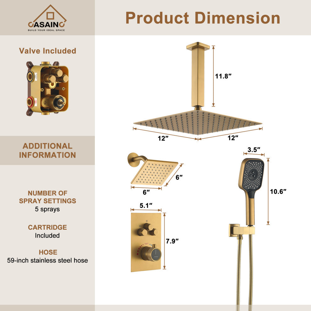 CASAINC 12" Ceiling Mounted Rainfall Shower System Set w Dual Shower Head, Brushed Gold