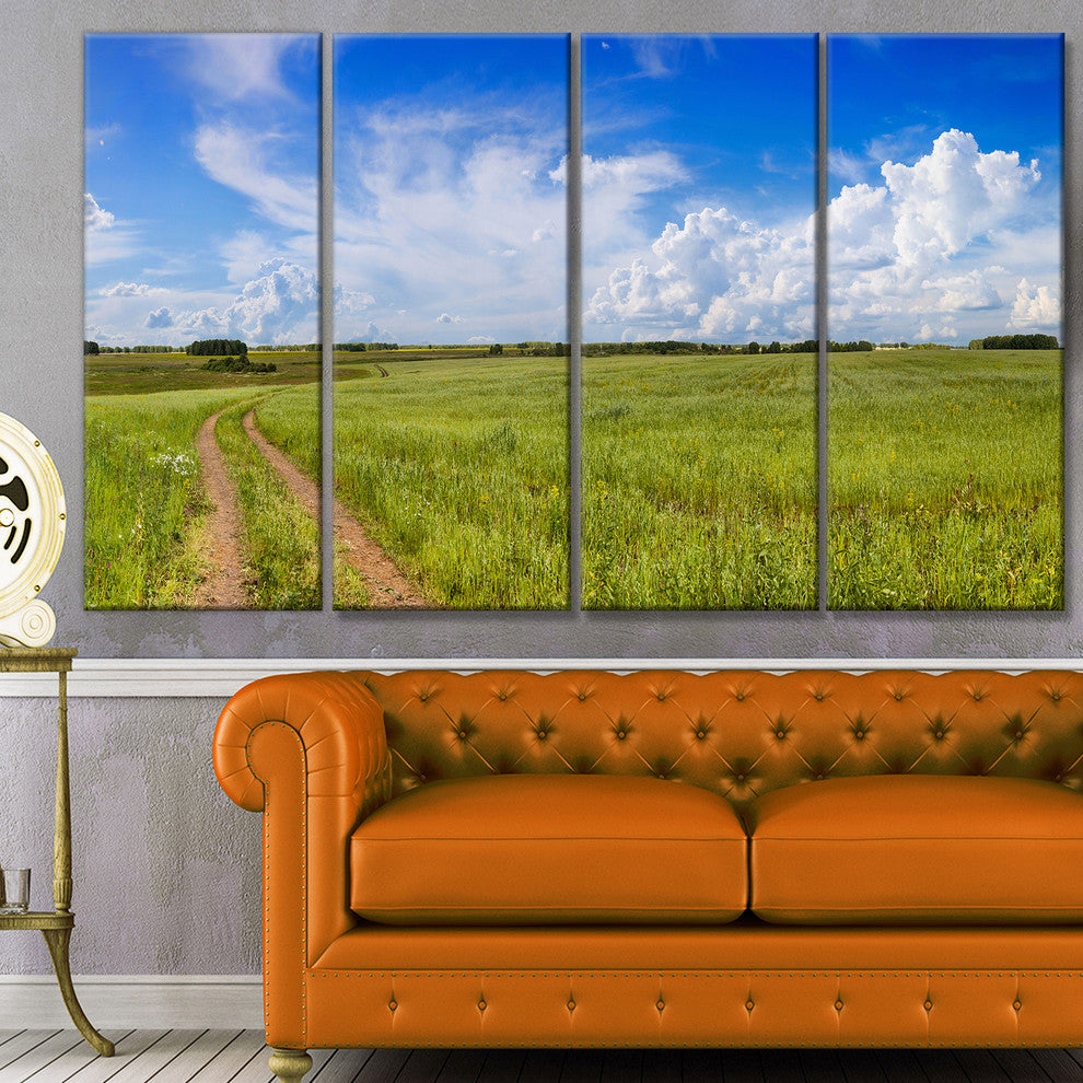 Road in Field with Green Grass, Landscape Canvas Art Print, 48"x28", 4 Panels