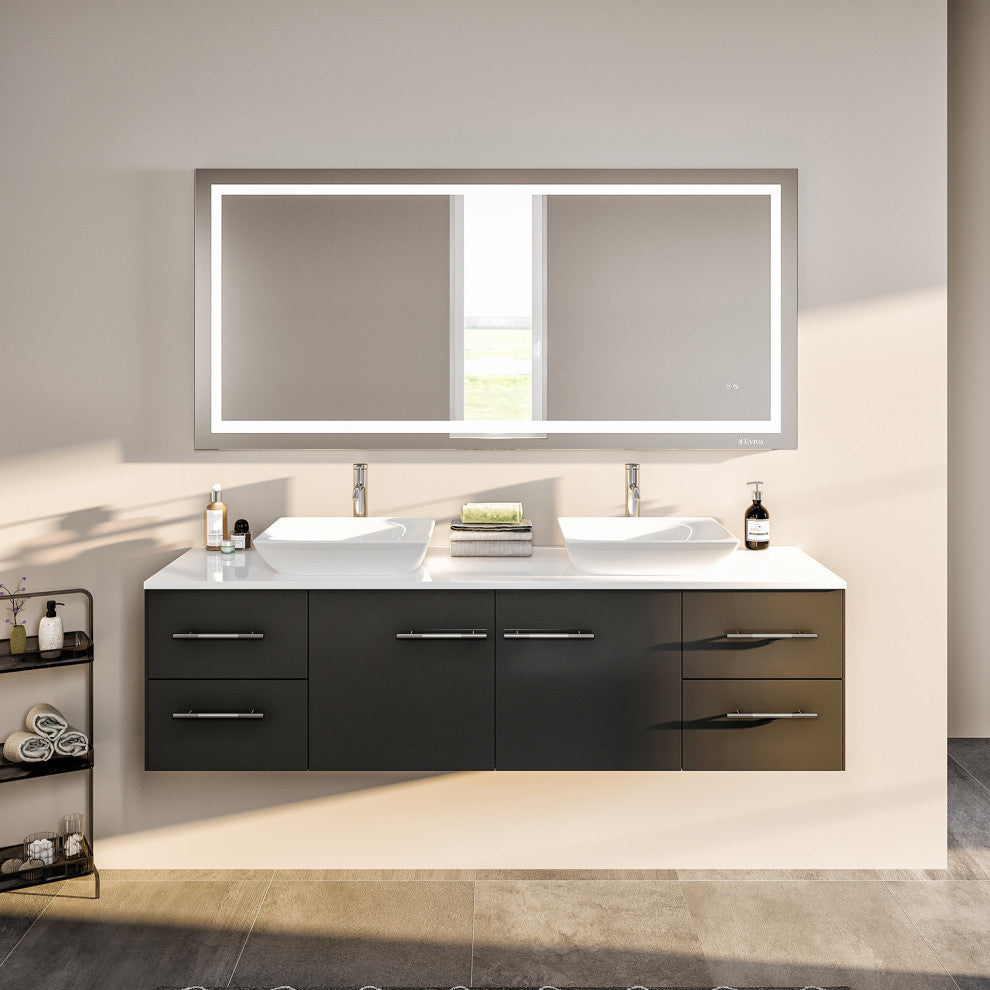 Eviva Wave Wall Mount DS Bath Vanity with WH Quartz Countertop, Espresso, 60"