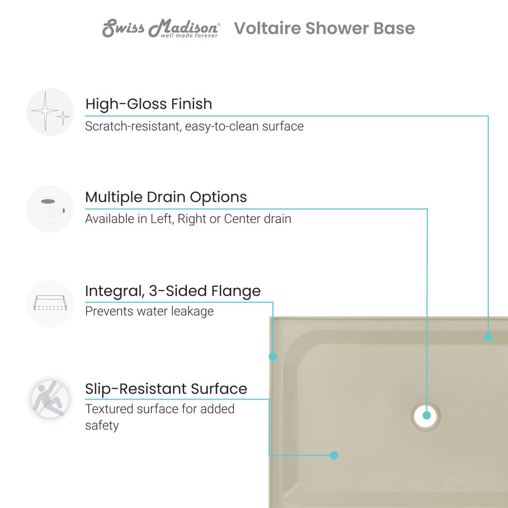 Voltaire 48"x36" Acrylic White, Single-Threshold, Center Drain, Shower Base, 60"