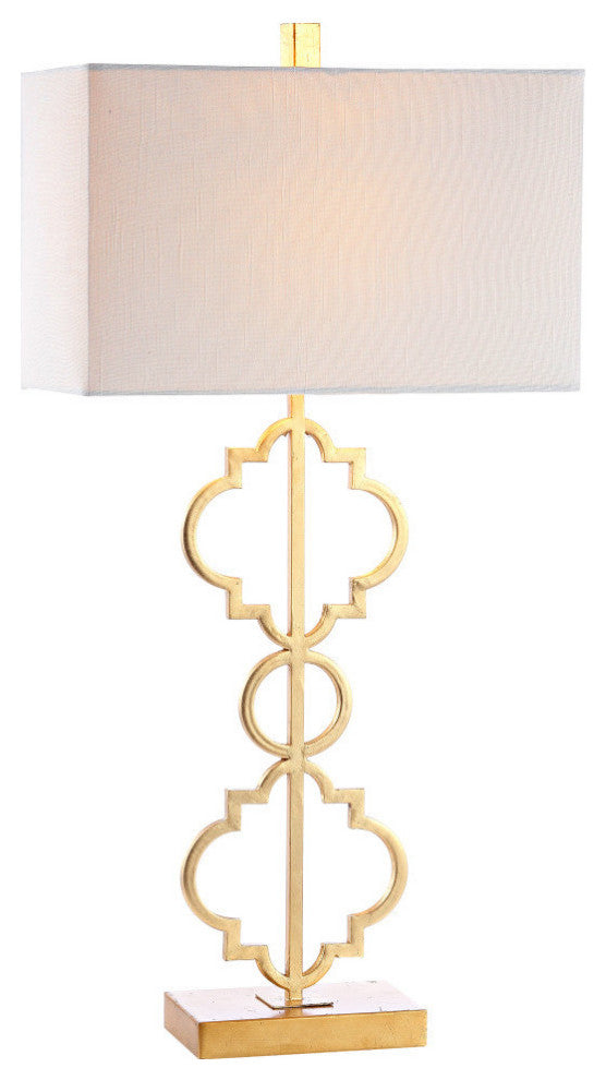 Selina 32" Iron Ogee Trellis Modern LED USB Table Lamp, Gold by JONATHAN Y
