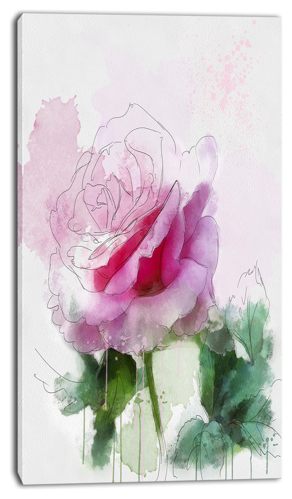 Pink Rose Sketch with Green Leaves, Floral Canvas Art Print, 16"x32"