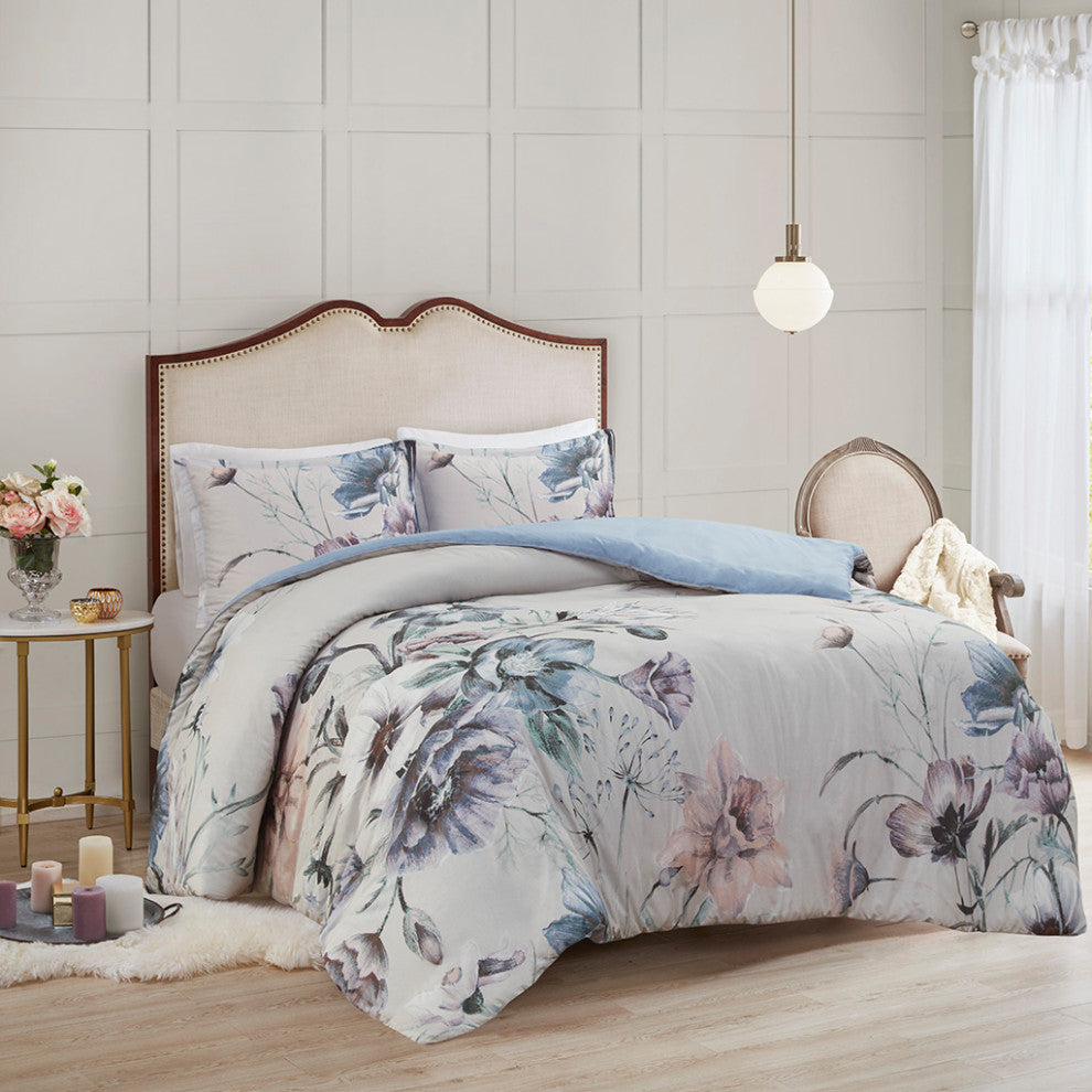 Madison Park Cassandra Shabby Chic Floral Cotton Duvet Cover Set, Blue