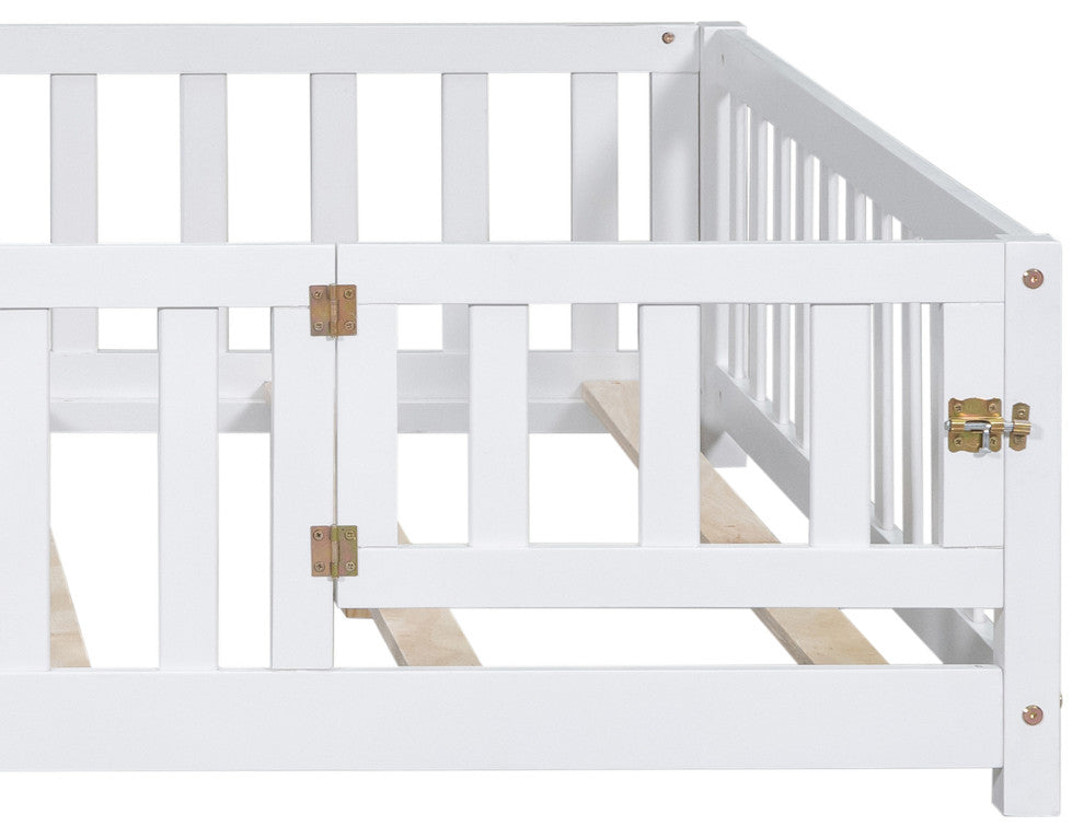 Gewnee Full Size Floor Platform Bed with Fence and Door, White