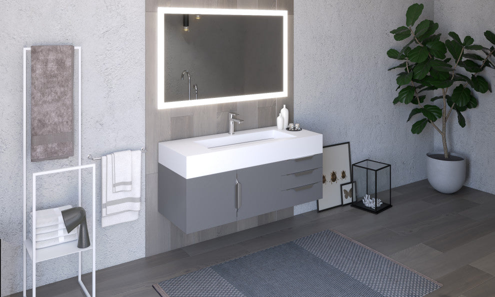 CastelloUSA Nile 48" Wall Mounted Vanity Set, Gray, White Top, Brushed Nickel