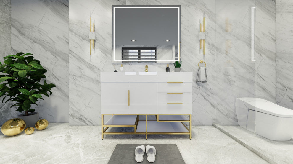 Madison 48" Free Standing Vanity with Reinforced Acrylic Sink, High Gloss White