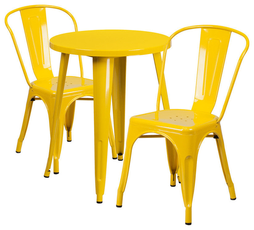 Commercial Grade 24" Round Yellow Metal Indoor-Outdoor Table Set, 2 Cafe Chairs