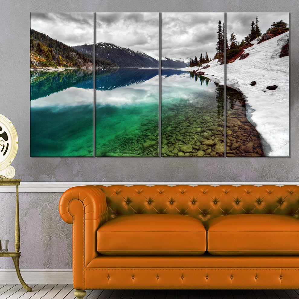 Clear Lake Pine Trees and Mountains, Landscape Canvas Print, 48"x28", 4 Panels