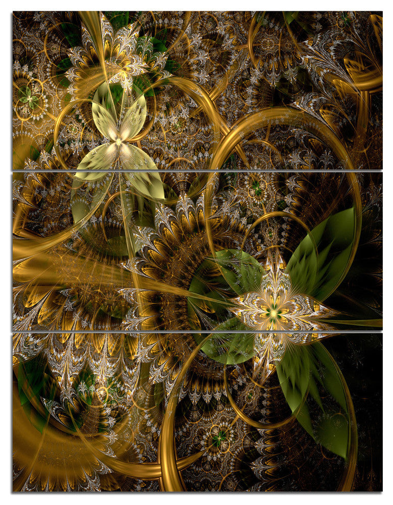 "Green Gold Digital Art Fractal Flower" Metal Wall Art, 3 Panels, 28"x36"