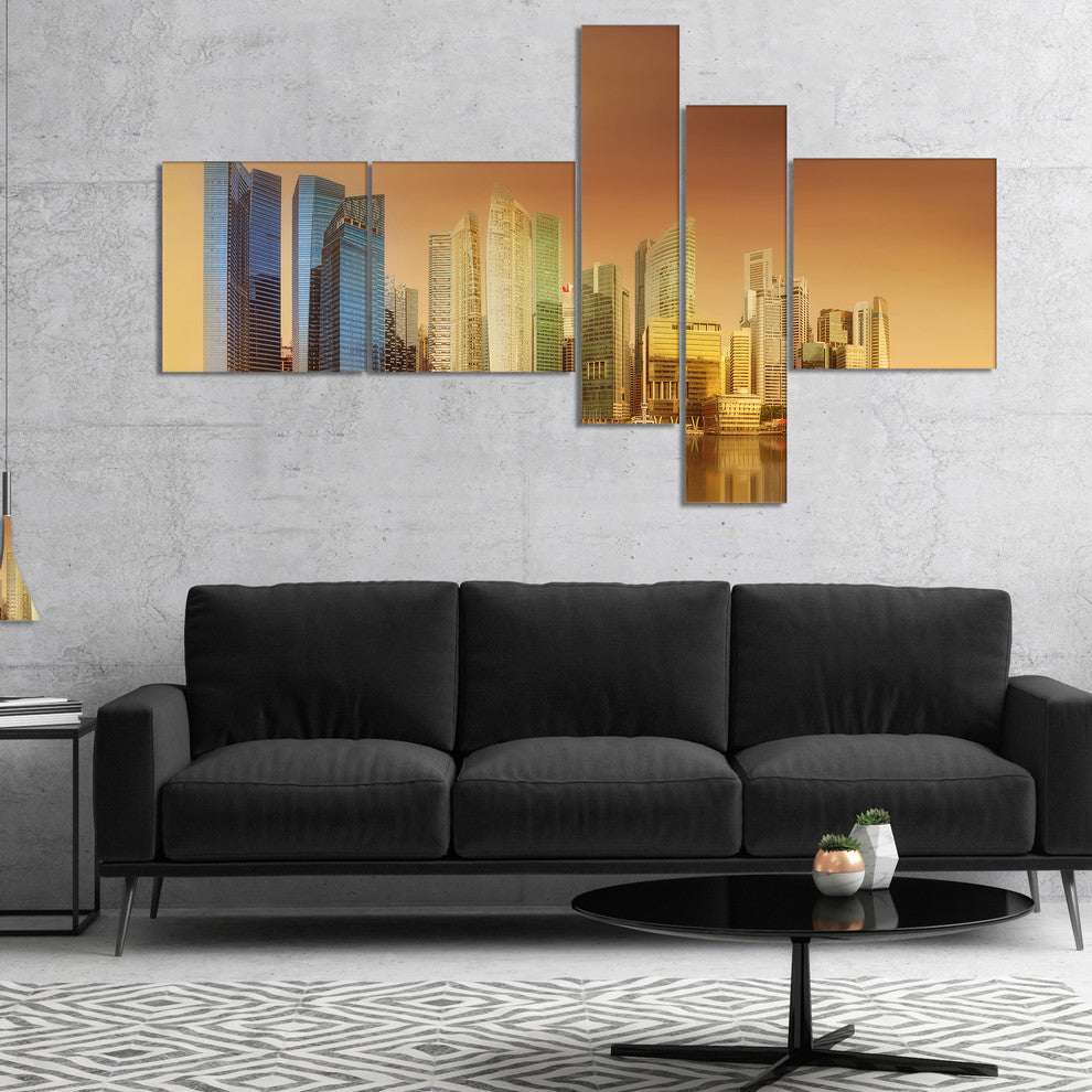 Singapore Skyline under Brown Sky, Cityscape Canvas Art Print, 60"x32", 5 panels