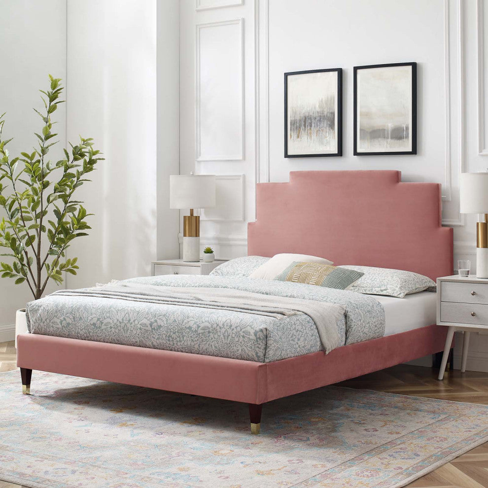 Platform Bed Frame, Full Size, Velvet, Pink, Modern Contemporary, Bedroom Master