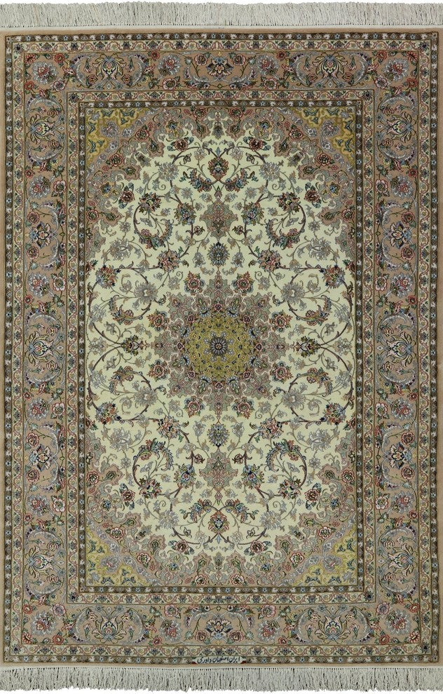 Signed Authentic Persian Isfahan Handmade Wool and Silk Rug, 5'x8'