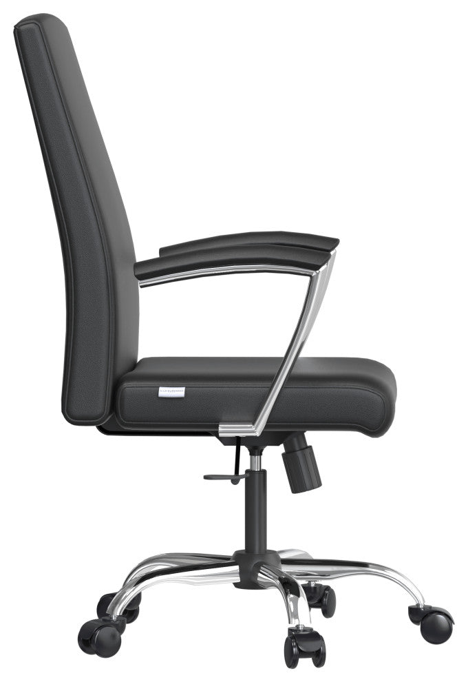 LeisureMod Evander Swivel Office Chair in Leather With Silver Frame, Black