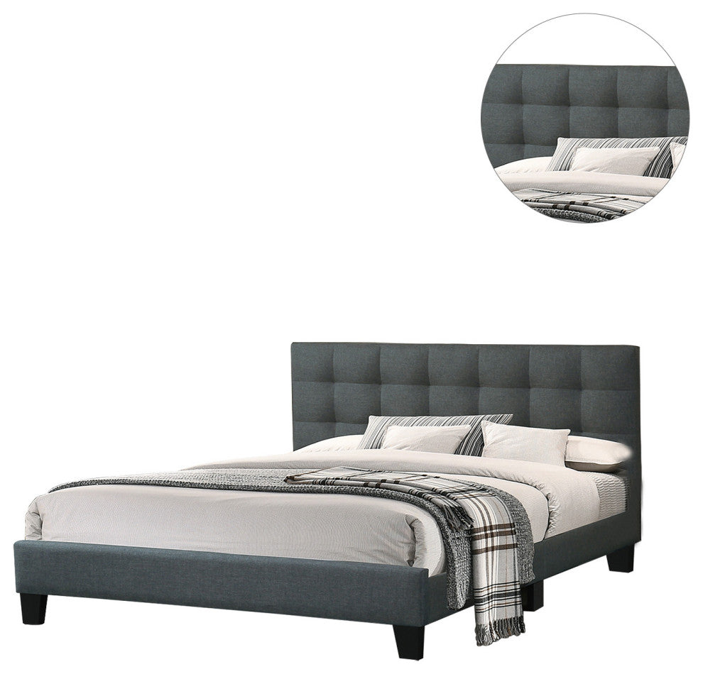 Fabric Upholstered Bed With Button Tufted Headboard, Charcoal, California King