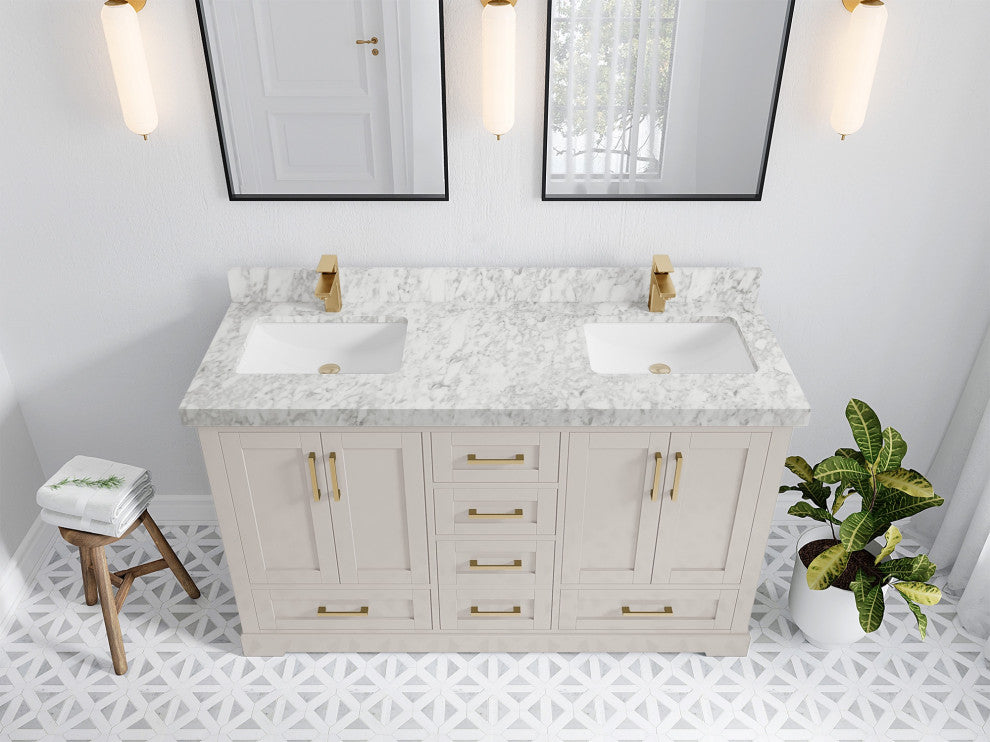 Boston 60" Double Bathroom Vanity in Fine Grain 2" Carrara Marble