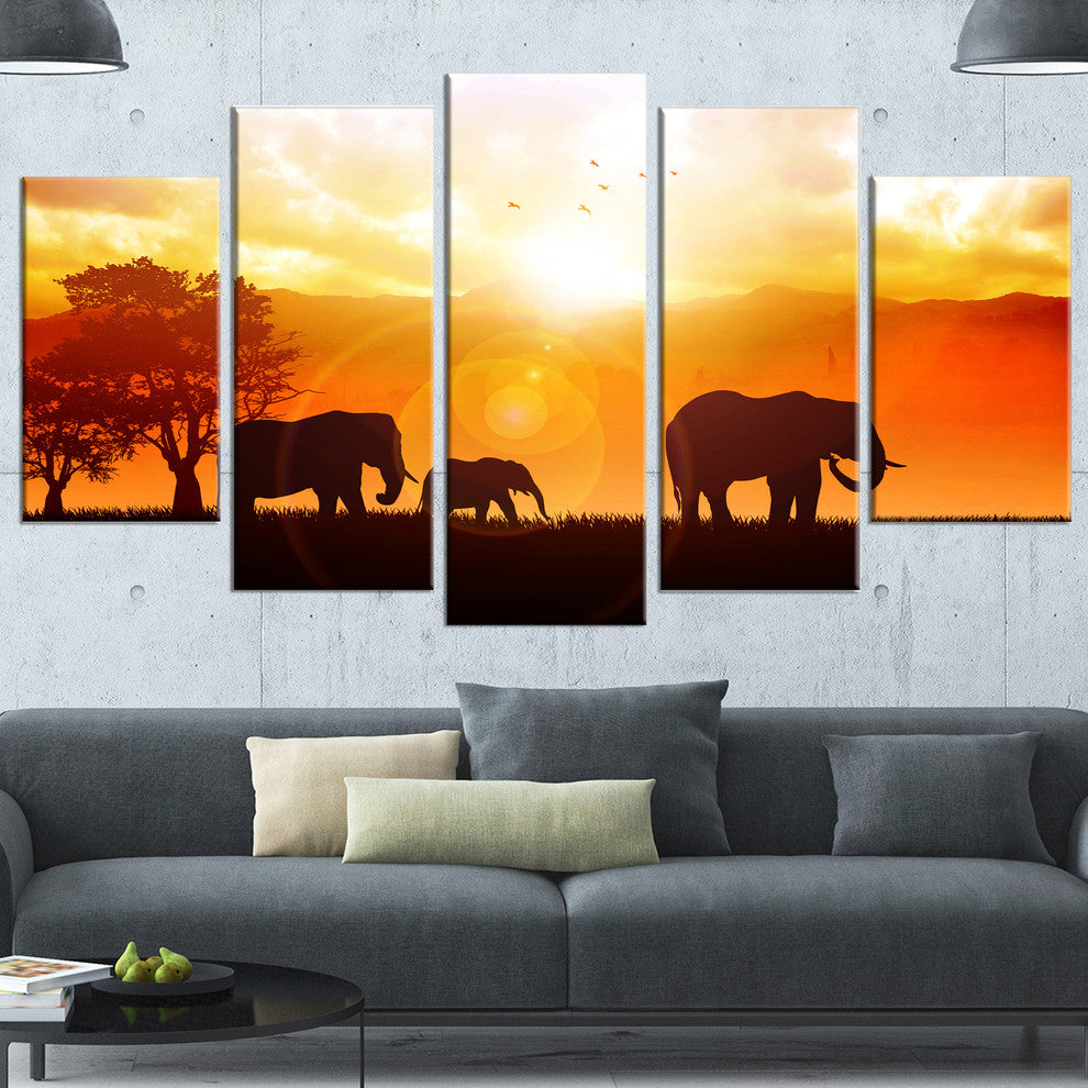 Elephants Walking At Sunset, African Canvas Art Print, 60"x32", 5 Panels