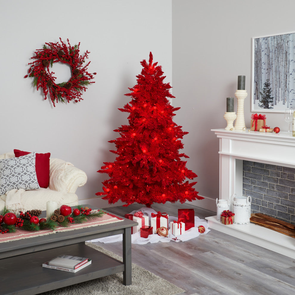 6' Red Flocked Fraser Fir Faux Xmas Tree W/Red Lights, Bulbs & Bendable Branches