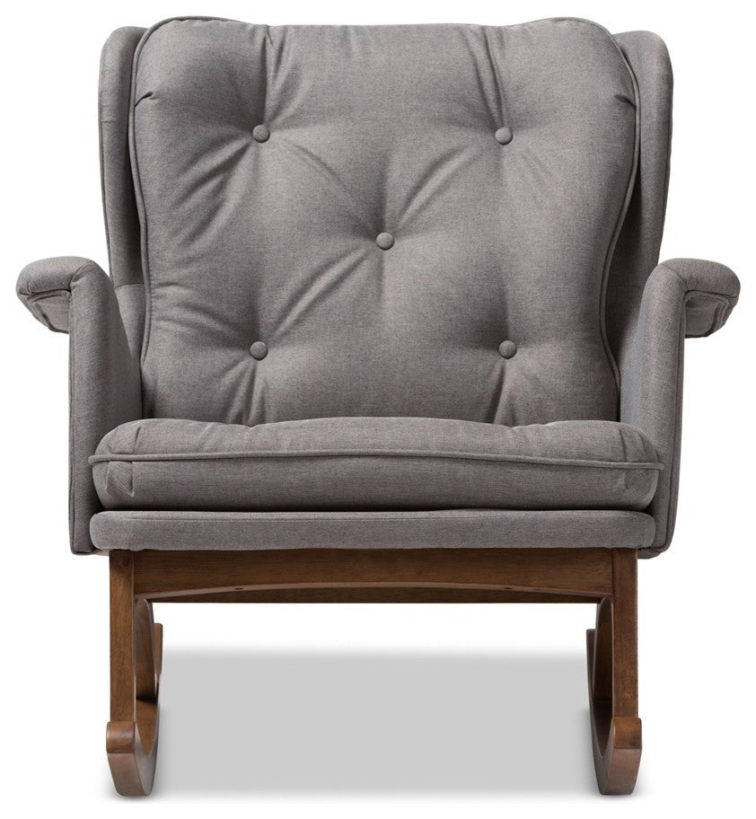 Midcentury Modern Gray Fabric Upholstered Walnut-Finished Rocking Chair